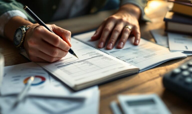 Person writing in a ledger with invoices around.