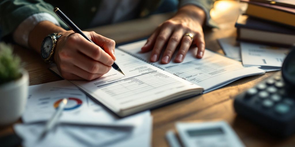 Person writing in a ledger with invoices around.