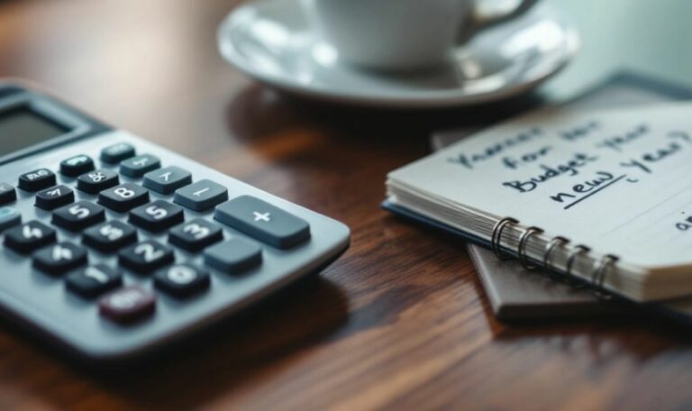 Calculator and notepad on a wooden table with coffee.