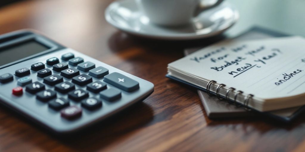 Calculator and notepad on a wooden table with coffee.