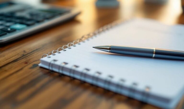 Calculator and notepad on a wooden desk.