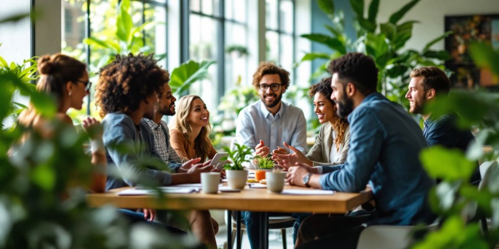 Diverse professionals in a bright office discussing growth strategies.