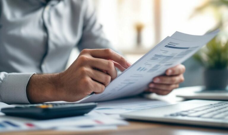 Business owner reviewing financial documents in an office.