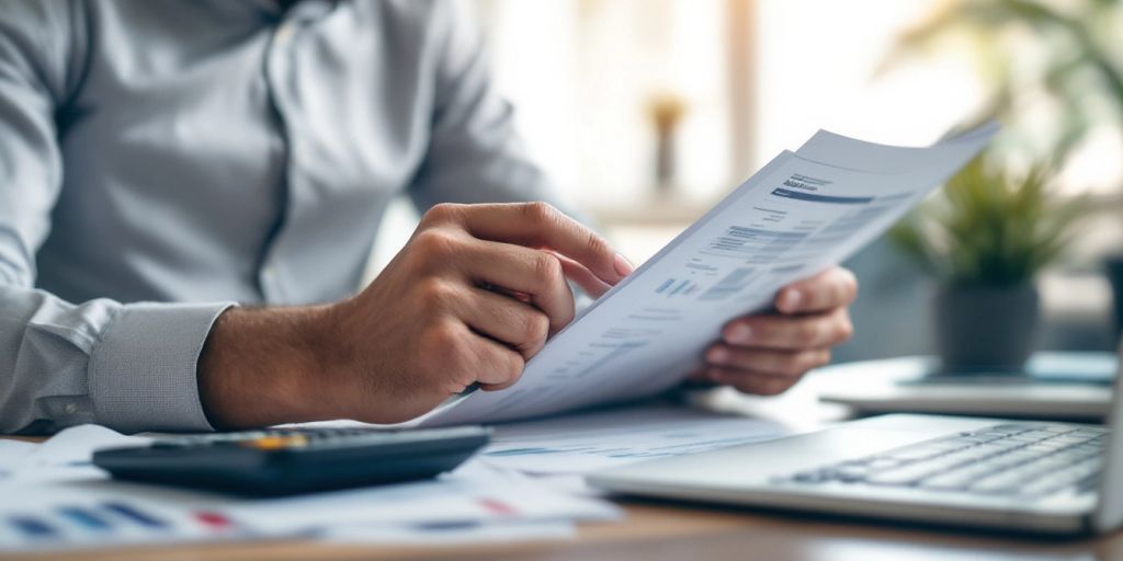 Business owner reviewing financial documents in an office.